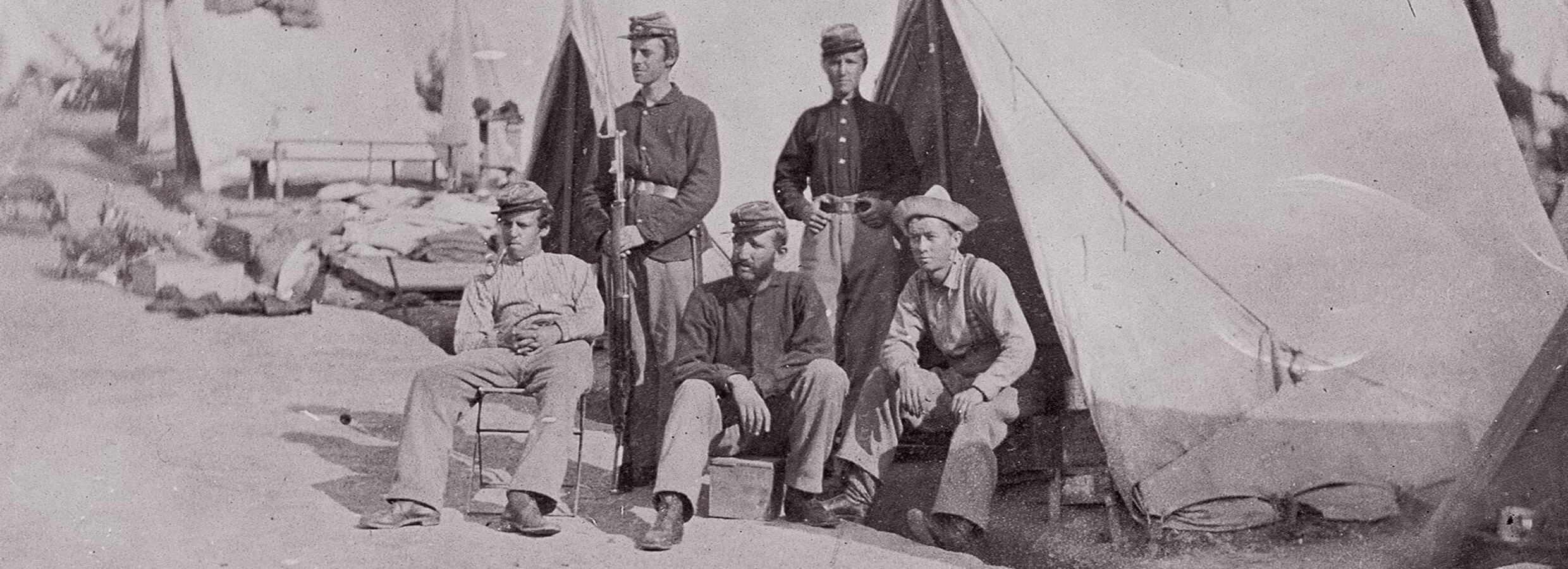 1862 NY Militia five men in front of a tent
